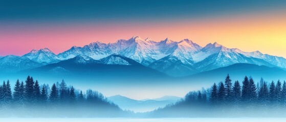 A serene winter landscape featuring majestic mountains under a colorful sunset, with a tranquil forest in the foreground, creating a peaceful and picturesque scene.