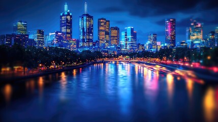 Fototapeta premium A vibrant city skyline fades into a flowing river, with dark blues contrasting bright neon lights, capturing the energetic rhythm of urban life in a surreal style.
