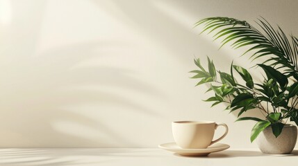 A minimalist digital banner with calm colors, showcasing a cup of coffee and plants for a lifestyle brand s promotion.