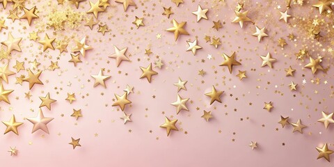 Confetti scattered on light rose background with gold stars shining brightly, joyful moment