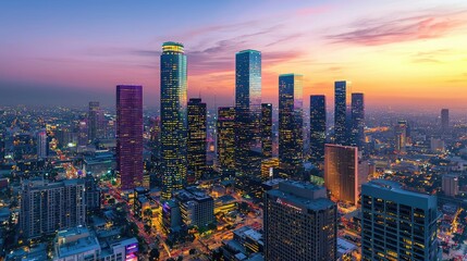 Obraz premium An aerial view of a bustling city skyline during dusk, with colorful lights illuminating skyscrapers, symbolizing the dynamic nature of urban business activity.