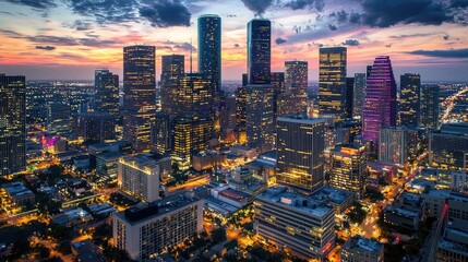 Fototapeta premium An aerial view of a bustling city skyline during dusk, with colorful lights illuminating skyscrapers, symbolizing the dynamic nature of urban business activity.