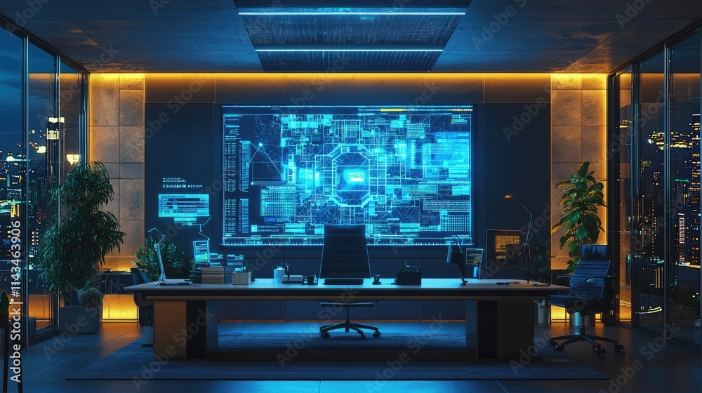 Aufkleber A creative workspace featuring a large screen with a cybersecurity blueprint. Bright colors and high-tech elements create an engaging atmosphere for problem-solving.