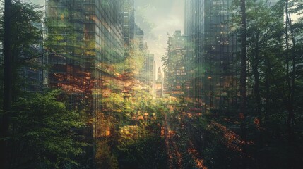 An enchanting double exposure of a forest landscape intertwined with a bustling urban scene, creating a surreal blend of nature and modern life.