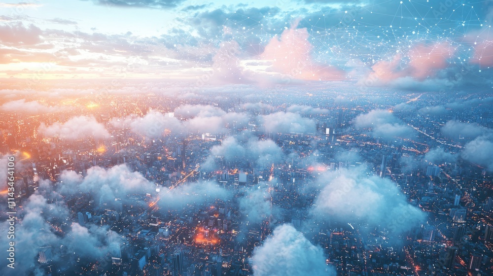 Poster an aerial view of a bustling city with clouds above, symbolizing data flow and connectivity, showcas