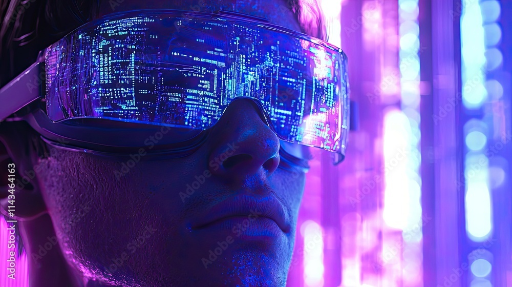 Poster A futuristic workspace where a man is using augmented reality glasses to interact with virtual data clouds, surrounded by ambient lighting in shades of blue and purple.