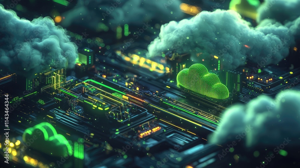 Aufkleber A visually striking representation of cloud infrastructure with interconnected nodes and pathways glimmering in bright green and blue tones on a dark background.