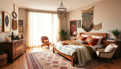 Bedroom Interior Design Bohemian  Concept - Hotel Bedroom Interior - Apartment Bedroom Concept - Interior Design - Bohemian Style