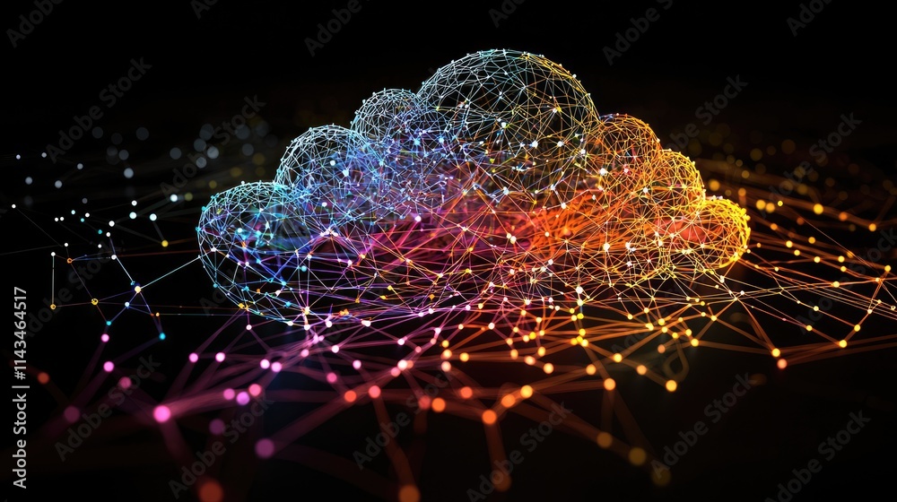 Poster A conceptual image of a network diagram showing cloud services, with bright colors representing data flow and a sleek, modern style enhancing the visual appeal.