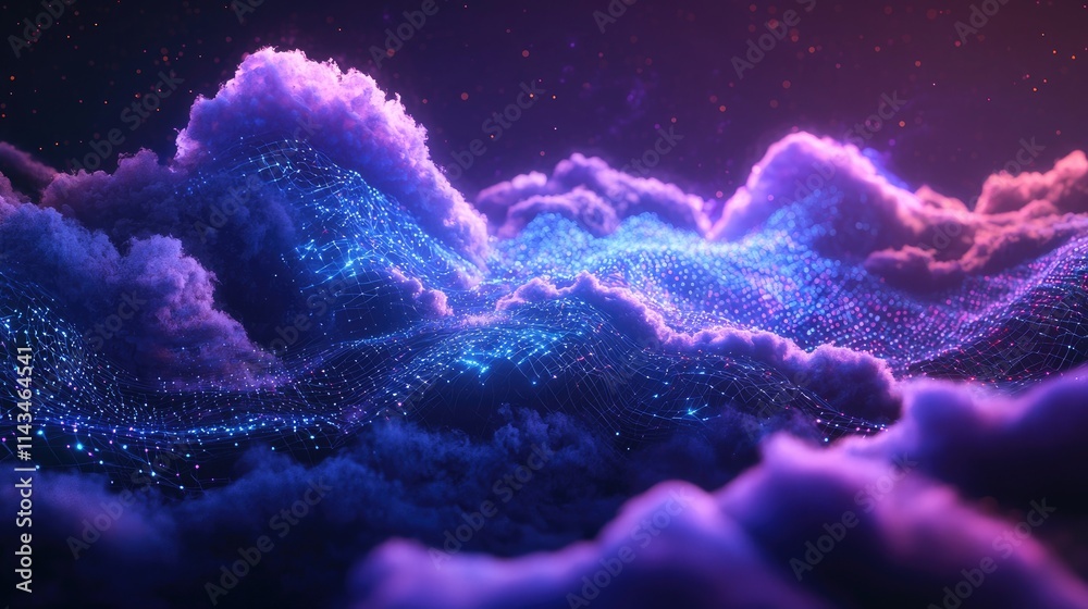 Poster A futuristic landscape depicting a digital cloud floating above a network of interconnected data pathways, illuminated by a spectrum of blue and purple hues.