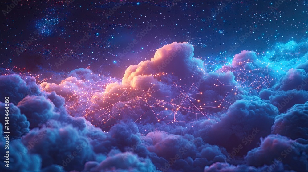 Poster A futuristic landscape depicting a digital cloud floating above a network of interconnected data pathways, illuminated by a spectrum of blue and purple hues.