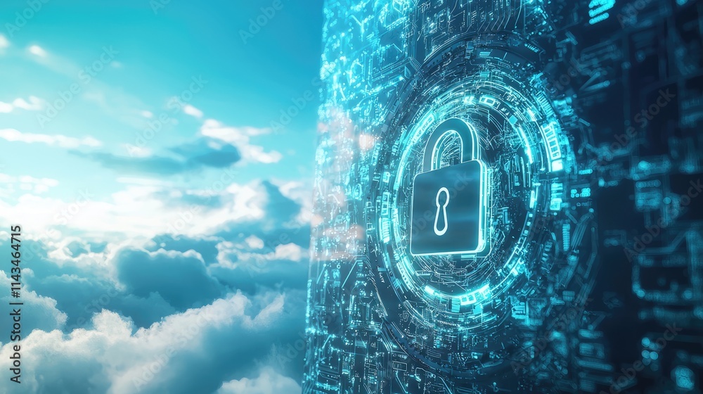Aufkleber a digital lock graphic overlaid on a serene blue sky, with soft clouds, representing the concept of 