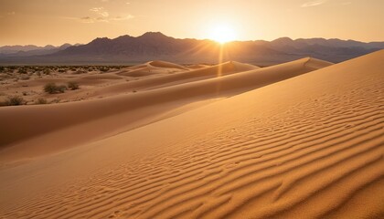 A panoramic view of a desert landscape at sunset. A scenic view of sand dunes bathed in the golden light of a desert sunset. 200