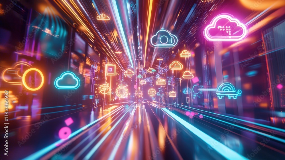 Aufkleber an imaginative digital transformation scene depicting various cloud service models, with floating ic
