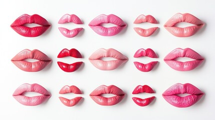 Red and pink lips and kisses on white, ideal for celebrating Women's Day or Valentine's.