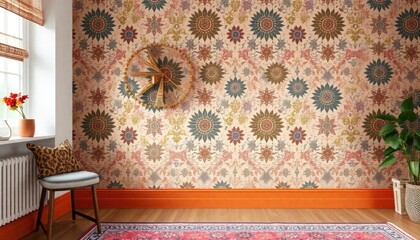 Boho Chic Living Room Wallpaper with ethnic prints and eclectic textures. The skirting boards are painted in rust orange.