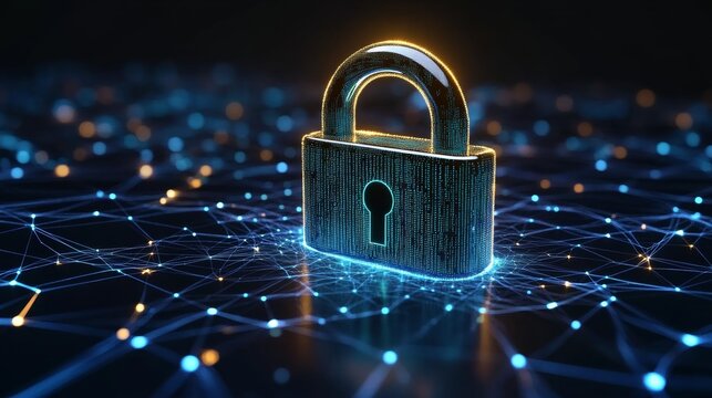 A glowing digital padlock symbolizing cybersecurity and data protection in a networked environment.
