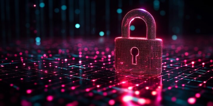 A glowing digital lock symbolizing cybersecurity on a vibrant data matrix background.