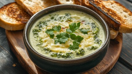 Creamy Broccoli Soup with Toasted Bread - Hearty and Flavorful Dish