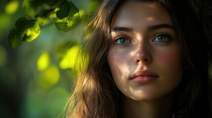Naklejka premium A portrait of a woman with a forest overlay, her face expressing contemplation, symbolizing a connection to nature.