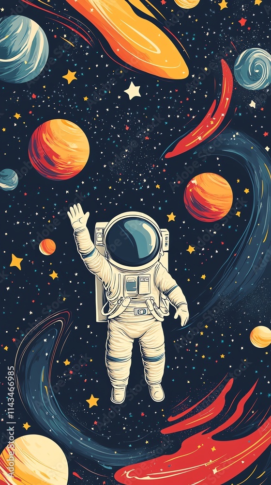 Poster an astronaut floats in space surrounded by colorful planets and swirling galaxies.