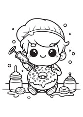 Coloring page design boy chef make donut illustration