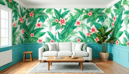 Tropical Paradise Living Room Wallpaper with palm leaves and tropical flowers. The skirting boards are painted in ocean turquoise.