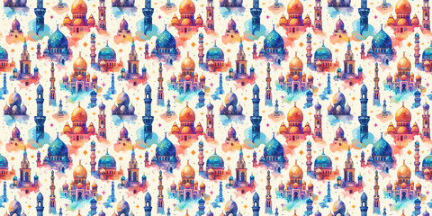 Fototapeta premium Colorful watercolor mosque seamless pattern with domes and minarets