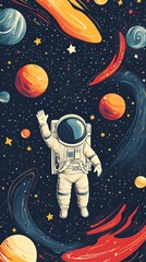 An astronaut floats in space surrounded by colorful planets and swirling galaxies.