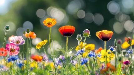 Naklejka premium Colorful flower field with sunlight and bokeh lights in summer