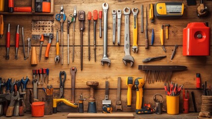A collection of tools organized on a wooden wall.