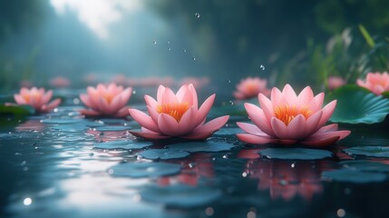 Pink water lilies bloom serenely on calm water.