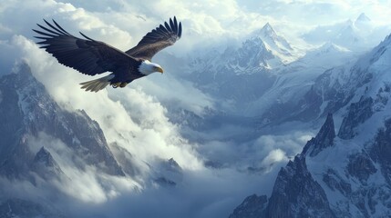 Fototapeta premium An eagle soars above a mountain range, its figure merging with the clouds, symbolizing freedom and adventure.