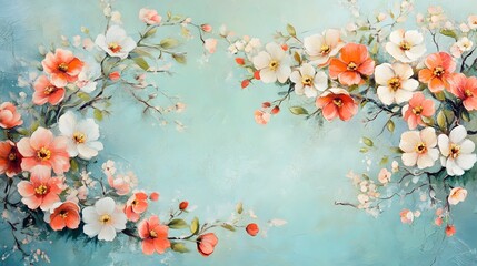 Delicate Peach and White Blossoms on Teal Background