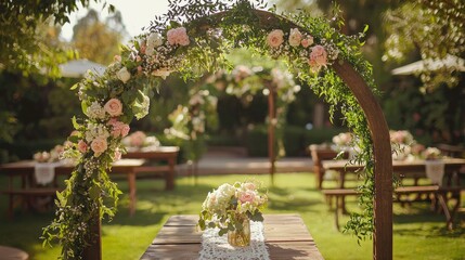 A charming garden wedding featuring a wooden arch entwined with flowers, rustic tables with lace runners, and natural lighting enhancing the serene atmosphere.