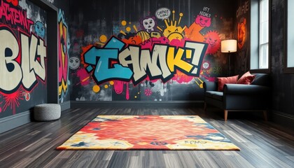 Graffiti Explosion Living Room Wallpaper with bold street art and vibrant colors. The skirting...