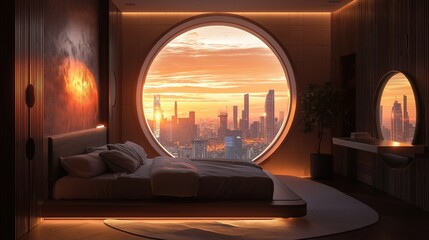 Modern Bedroom Interior with City View at Sunset