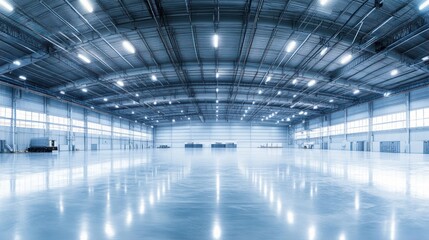 Spacious industrial warehouse with bright lighting.