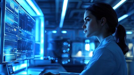 A thoughtful researcher, standing in a high-tech lab, carefully analyzing data on a computer, with bright blue lights in the background.