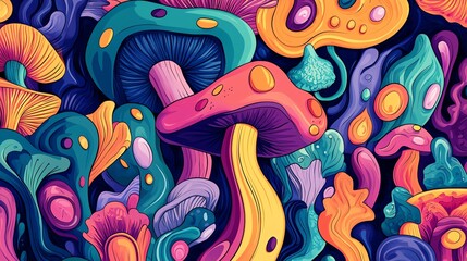 A vibrant illustration of colorful mushrooms and fungi in a whimsical, abstract style.