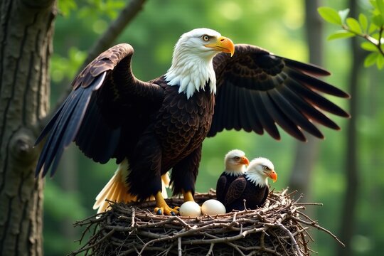 A bald eagle's wingspan is visible as she sits on a branch beside her nest with three eaglets, eggs, forest