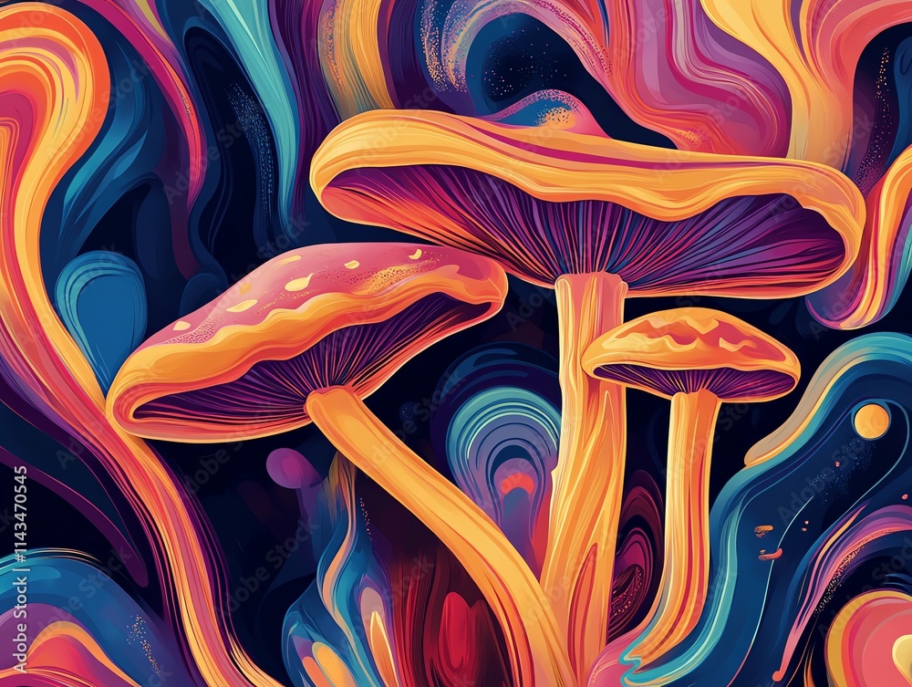 Poster vibrant, abstract mushrooms with colorful swirls in a psychedelic style.