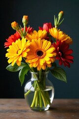 Fototapeta premium A beautiful bouquet of fall flowers in shades of orange, yellow, and red is placed in a elegant glass vase, glass, colorful, floral arrangement