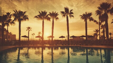 Obraz premium Golden Sunset Poolside Paradise: Palm Trees Reflecting in Tranquil Water