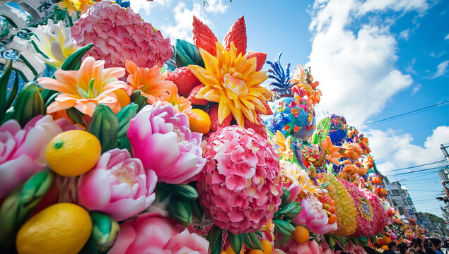Colorful Flats Decorated with Fruits and Vegetables During the Sinulog Festival in Cebu Island