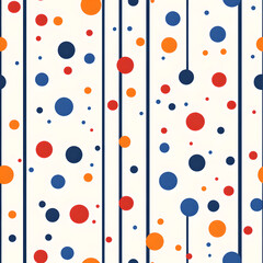A cheerful and playful seamless pattern featuring circles in vibrant red, orange, and blue, arranged randomly against a white background with dark navy blue vertical stripes.
