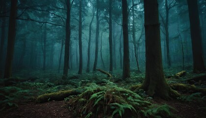 Fototapeta premium Gloomy spooky foggy dark forest landscape Mysterious horror forest background 3D illustration 8521