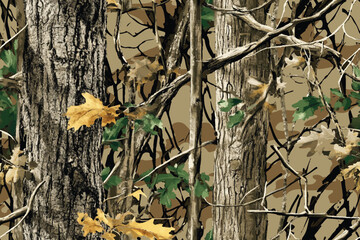 Seamless hunting camouflage pattern with tree bark and leaves in green and brown. Hunting camo. Digital camouflage pattern. Abstract camouflage