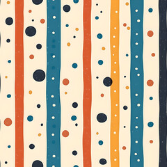 This vibrant, hand-drawn-style pattern features vertical stripes in a variety of warm and cool tones (orange, rust, teal, yellow, navy) against a cream background.