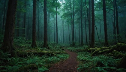 Obraz premium Gloomy spooky foggy dark forest landscape Mysterious horror forest background 3D illustration 569